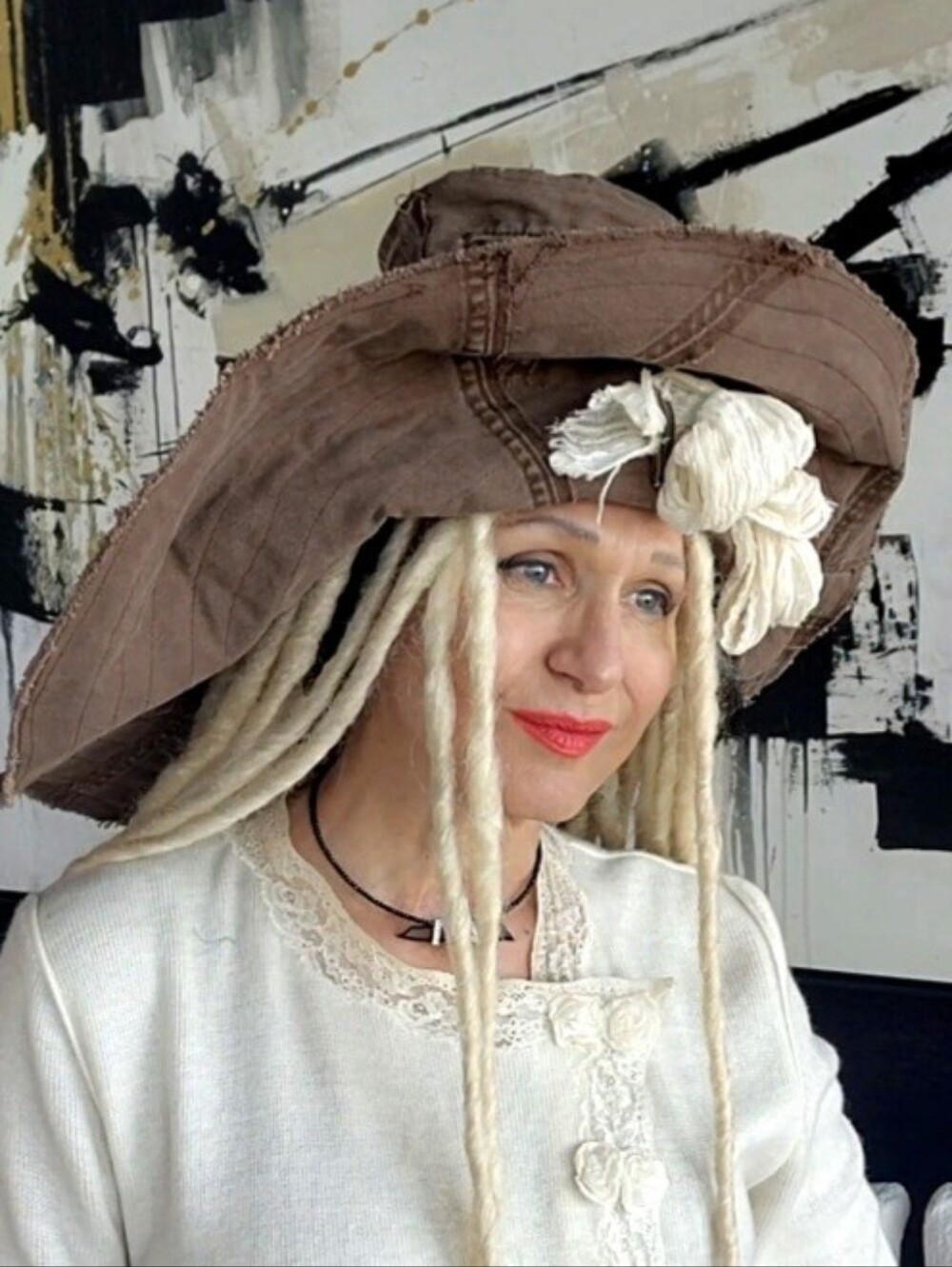 Designer Top Hat Coffee/Chocolate Ripped Denim Patched Cottage Of-White Boho Bow